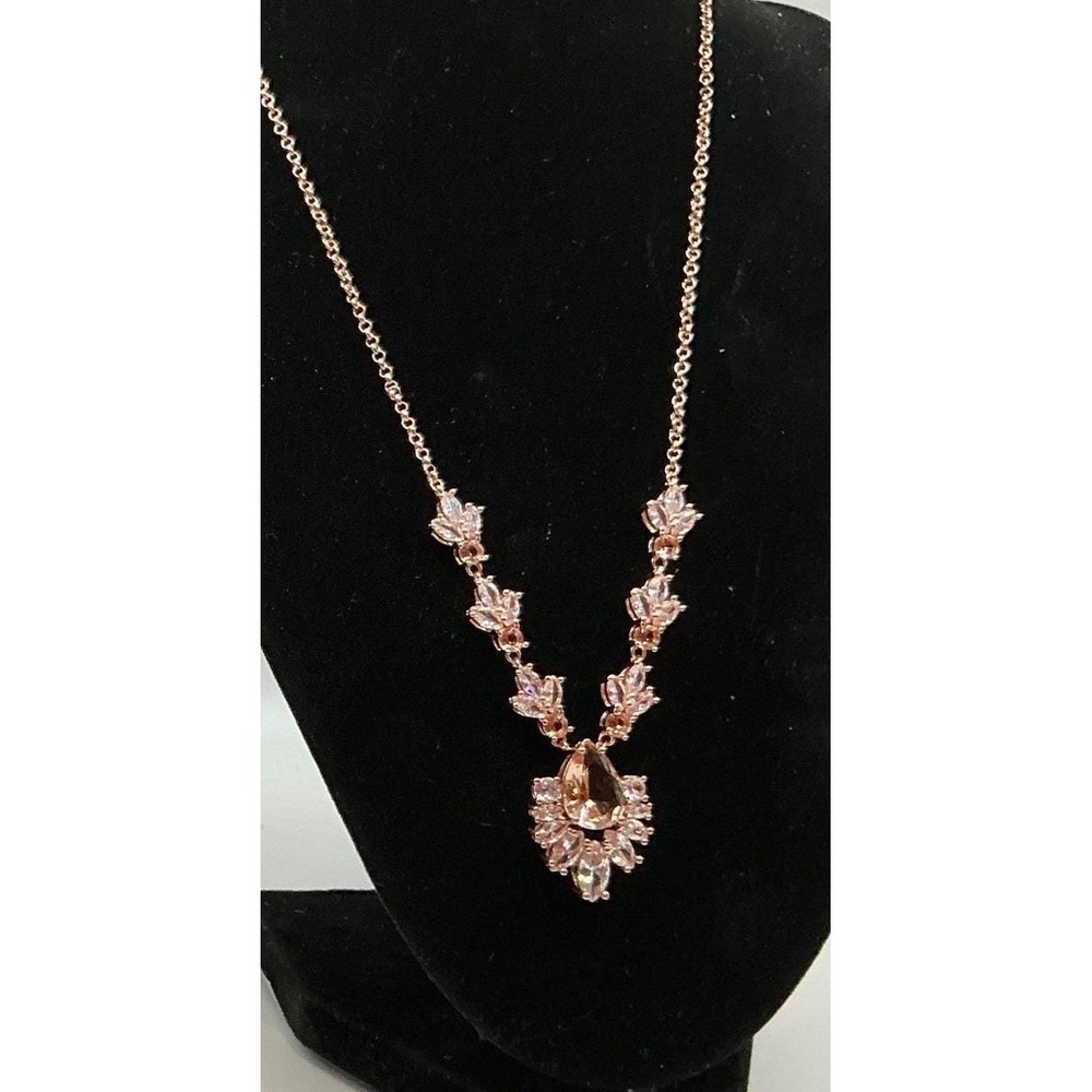 Rose Gold Tone Crystal Marquise Cluster Statement Necklace Pear Cut Bridal